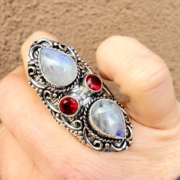 New Rainbow Moonstone & Garnet 925 Silver Statement Ring. - Picture 11 of 14